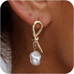 Trendy gold Pearl knot hoop earring women 14K plated huggie drop wedding jewelry